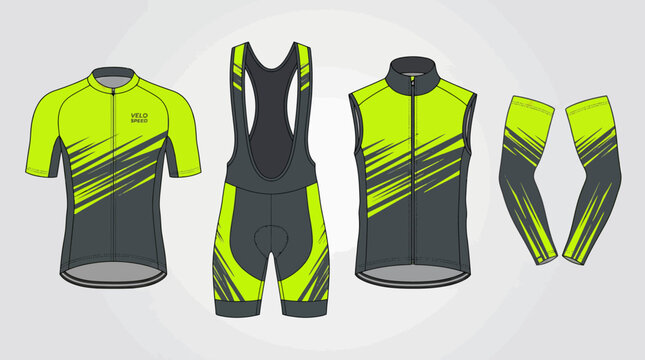Professional Cycling Apparel Set with Neon Yellow and Charcoal Grey Diagonal Graphic Patterns Including Aerodynamic Jersey, Bib Shorts, Performance Vest, and Matching Arm Warmers