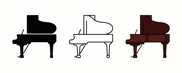 Classic Grand Piano Icon Set with Open Lid Design in Silhouette, Outline, and Elegant Polished Mahogany Flat Graphic Styles © Rishi