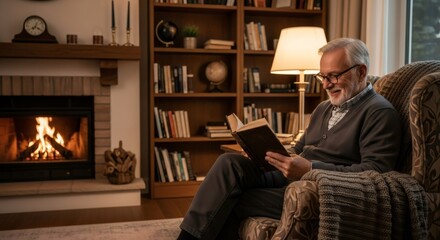 Fototapeta premium Elderly man reading book in cozy armchair by fireplace in living room. Happy senior enjoying retirement leisure activity in home comfort.