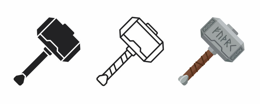 Legendary Norse Mythology Mjolnir Thor's Hammer Icon Set featuring Runic Engravings in Silhouette, Outline, and Realistic Stone and Leather Graphic Styles