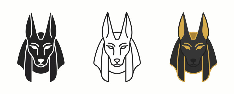 Ancient Egyptian Anubis God Icon Set featuring Jackal Head in Silhouette, Outline, and Classic Gold and Black Flat Graphic Styles