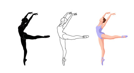Ballerina Dance Icon Set with Graceful Ballet Pose in Silhouette, Outline, and Purple Leotard Flat Styles