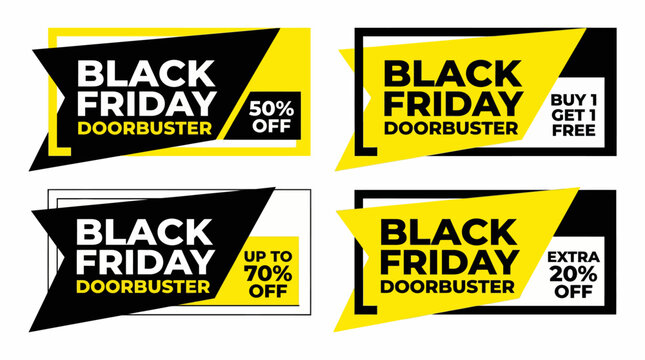 Black Friday Doorbuster Banner Set with Promotional Sale Labels and Discount Percentages in Yellow and Black Modern Designs