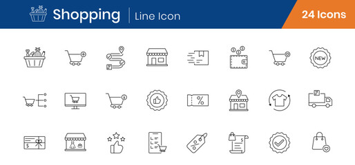 Shopping Outline Icons Set of 24. Online Store, Cart, Checkout, Retail Linear Vector Editable Stroke Icons