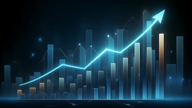 Dynamic digital bar graph and line chart showcasing financial growth and business success, illustrating data analytics and increasing market trends in a futuristic visual