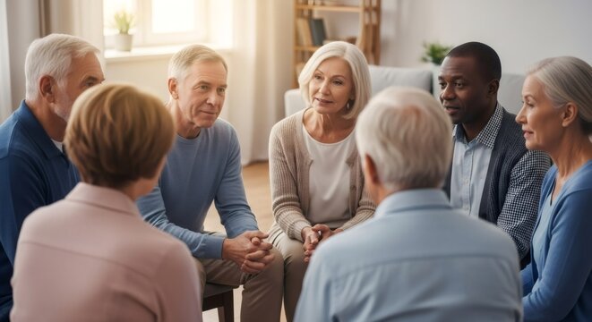 Group of diverse senior people sitting in a circle, engaged in conversation or support, concept of therapy or community meeting for elderly.