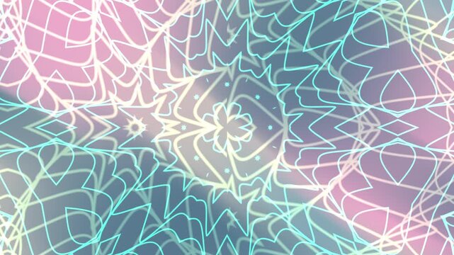 Abstract pastel kaleidoscope overlay pattern with a central floral design suitable for backgrounds, wallpapers, textiles, and stationery. Versatile and trendy design.