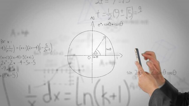 Animation of mathematical formulae over caucasian businessman using smartphone on white background