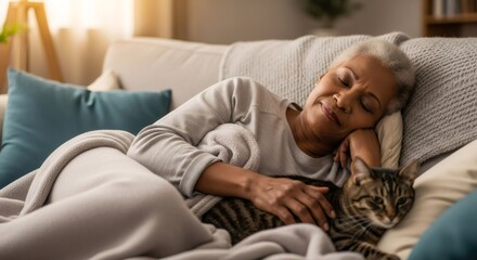 Fototapeta na wymiar Woman sleeping on sofa with her pet cat. Elderly lady resting with feline friend during recovery. Comfort and companionship for senior health.