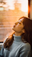 Young woman resting against a train window during a golden sunset
