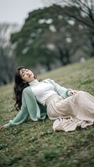 Young Japanese woman relaxing in a park with closed eyes on the grass
