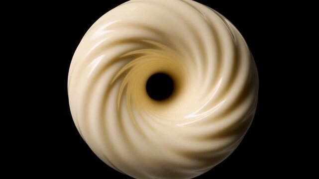 Elegant cream swirl with thick glossy texture forming a smooth vortex and expanding hollow center on black background, ideal for product or logo reveal video