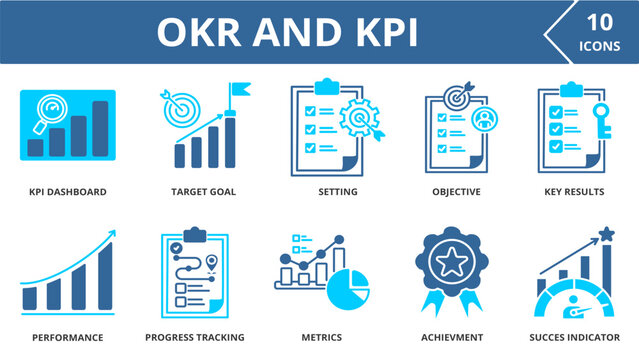 OKR AND KPI icon collection set. Containing KPI dashboard, Target, Goal setting,Objective, Key results, Performance chart Progress tracking, Metrics .dual tone vector.
