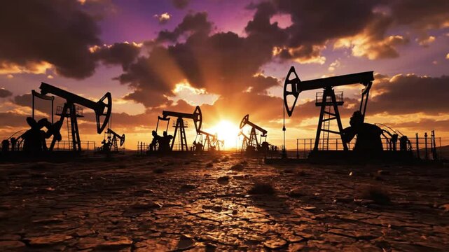 wide cinematic view of oil pump jacks across textured land dramatic sunset lighting intense sun 