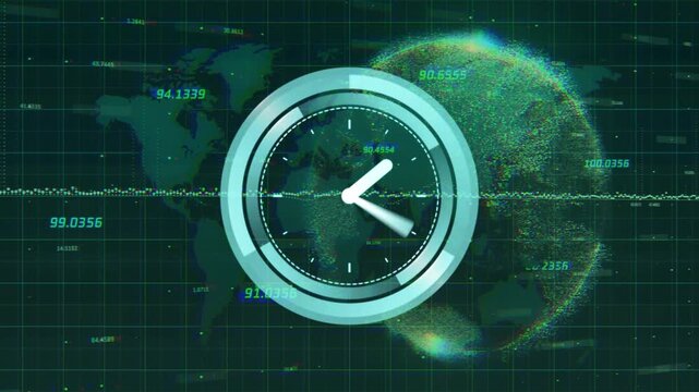 Digital clock animation over world map with numerical data and grid lines