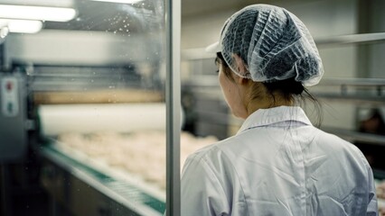 Quality control worker supervising industrial food manufacturing.