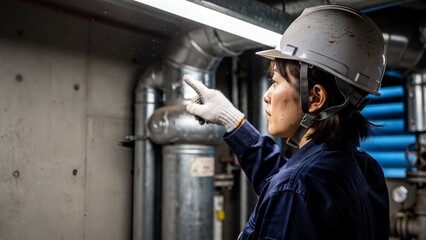 Female technician in hard hat pointing at industrial pipes for inspection