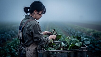 Asian female farmer harvesting fresh vegetables in a foggy field
