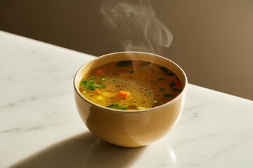 Steaming bowl of vegetable soup on marble countertop