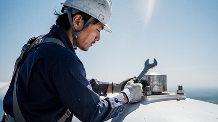 Professional technician in safety harness performing maintenance work