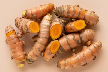 Turmeric roots with cut sections showing orange interior