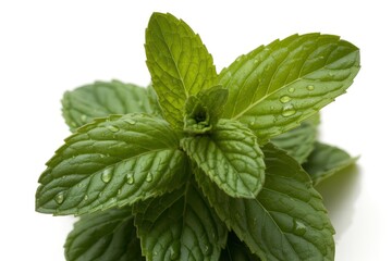 Fresh mint leaves with water droplets on white background