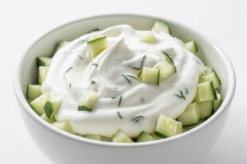 Bowl of diced cucumber with yogurt sauce white background