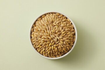 Bowl of golden barley grains on pale background