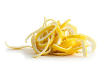 Fresh lemon zest pile on clean white background citrus