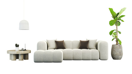 Interior furniture set 3D render. Living room house floor template minimal cozy mockup design , isolated on transparent background