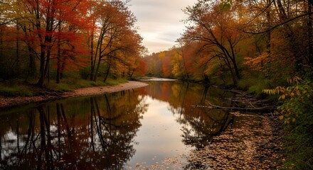 Obraz premium Serene autumnal landscape with trees, river, and vibrant foliage, captured from a tranquil viewpoint.