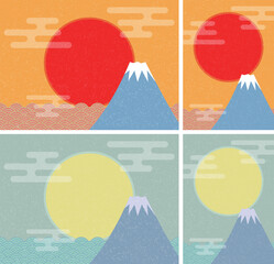 日本の富士山を背景に太陽が昇る風景。青海波の海のイラスト。縦横カラーバージョン