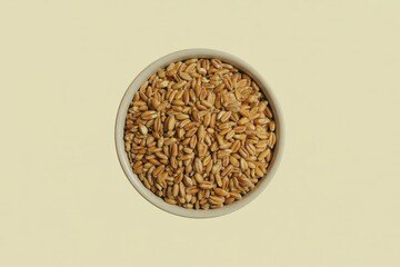 Bowl of golden wheat grains on beige background grains of wheat