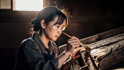 Japanese female artisan restoring antique wood texture in workshop