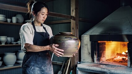Female artisan potter holding a large ceramic vase near a hot kiln