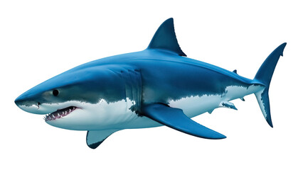 Obraz premium Isolated Great white shark swims in the ocean. Marine predator, big underwater animal
