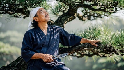 Senior Japanese gardener pruning a pine tree with traditional shears