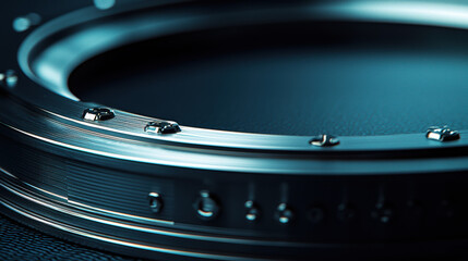 Macro view of a circular metal object with visible bolts, featu a textured surface and smooth gradient transitioning to a deep, dark background shade.