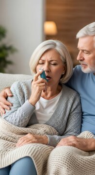 Woman with asthma using inhaler while husband supports her. Elderly person with breathing difficulty. Healthcare, illness and support concept.