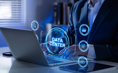 Businessman managing data center with digital interface