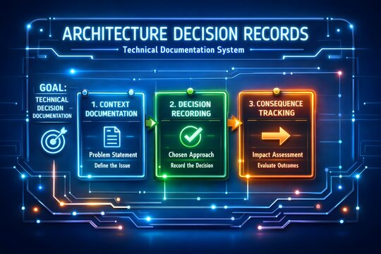Glowing Neon Architecture Decision Record Process and Documentation Infographic for Tech Teams
