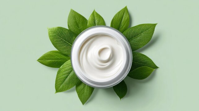 jar of cream surrounded by green leaves on a light green background