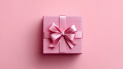 Elegant pink gift box with satin ribbon and bow on a matching pink background