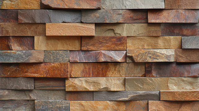 A captivating texture of stacked stone wall displaying natural earth tones, creating a visually appealing and rustic architectural element for backgrounds and designs.