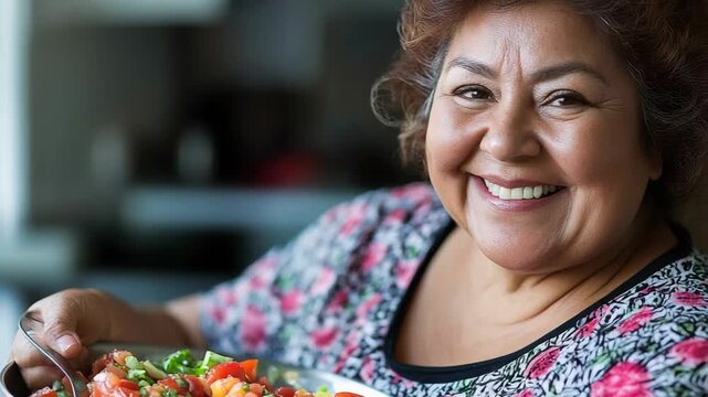 selective focus smiling plus-size woman preparing colorful salad
