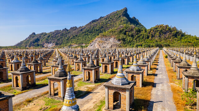 Numerous pagodas at the Kyauksa Pagoda Field, Karen State, Myaing Gyi Ngu Township Karen State, Myanmar. (Burma) New country kawthoolei
