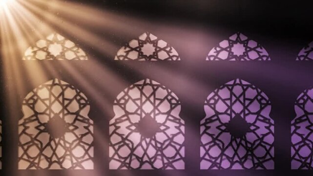 Beautiful Islamic architectural windows with intricate designs and patterns illuminated by rays of light