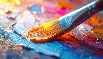 Fototapeta premium Artistic Macro View of Paintbrush Applying Thick, Vibrant Orange and Blue Acrylic Paint Strokes, Illuminated by Golden Bokeh and Glitter.