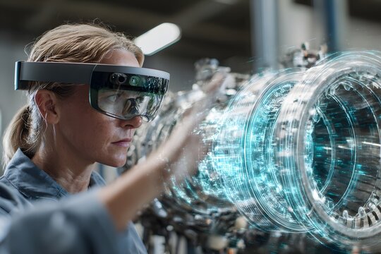 Female engineer wearing AR glasses interacting with a holographic digital twin of a turbine engine