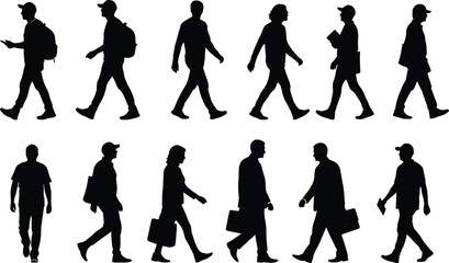 Obraz premium A group of people walking in various poses in silhouette against a white background